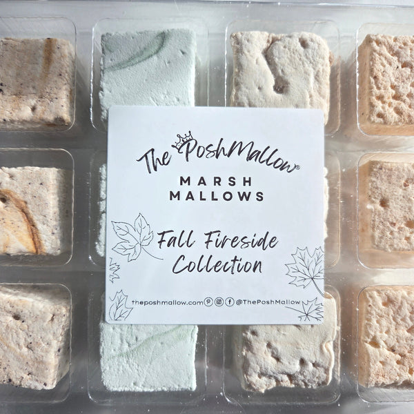 Packaged marshmallows with 'The Poshmallow' label on a clear tray
