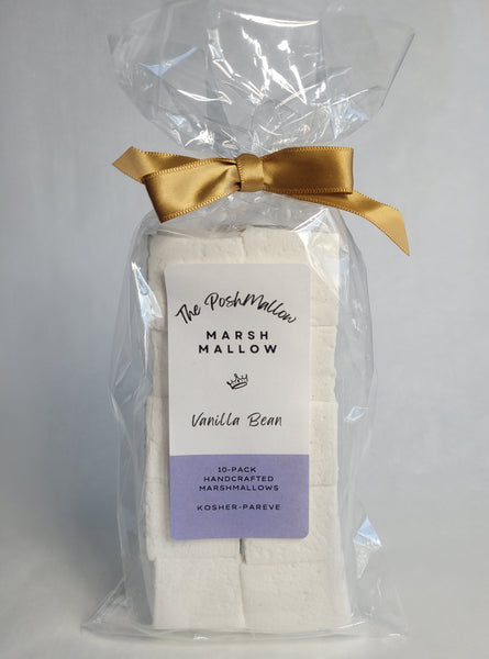 Clear bag with gold bow closure on top, containing 10 white square marshmallows, with white and purple PoshMallow label "Vanilla Bean."